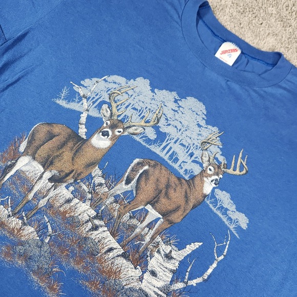 Jerzees Other - Vintage 90s Deer Nature Art Graphic T Shirt Jerzees Blue Animal Hunting Wildlife